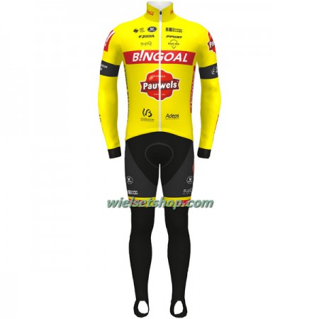 Fietskleding (Fietsshirt Lange Mouw + Lange Koersbroek) 2022 Bingoal Pauwels Sauces WB - Rood Neongeel